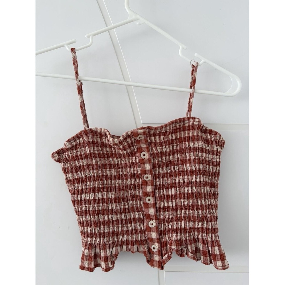Zara Red Gingham Crop Top Medium Smocked Milkmaid Cami Button Front Picnic